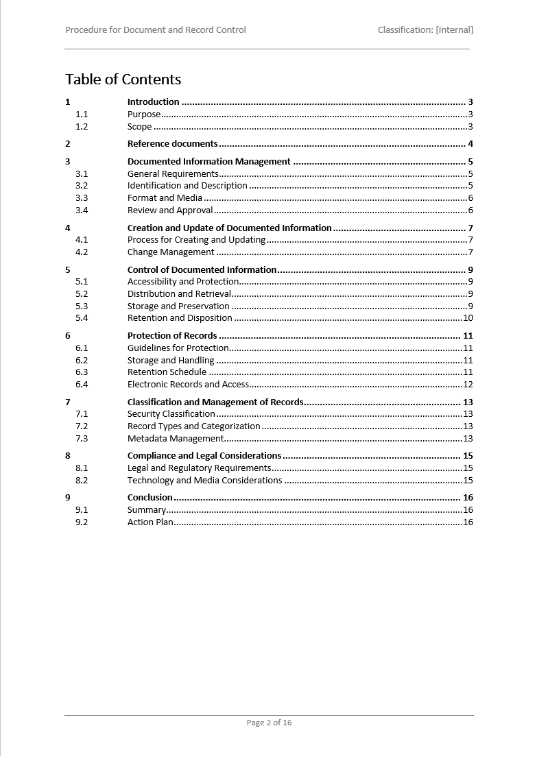 Procedure for document and record control table of contents