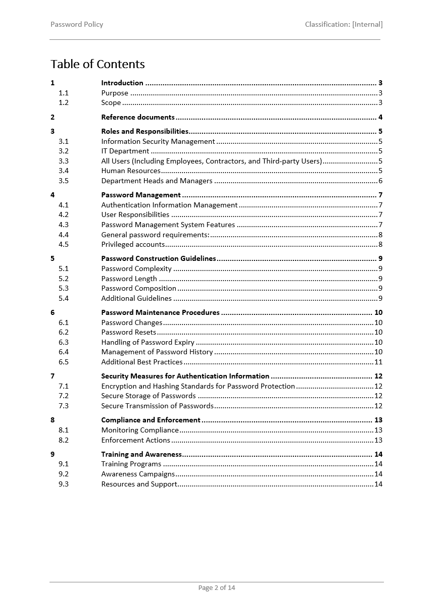 password policy table of contents