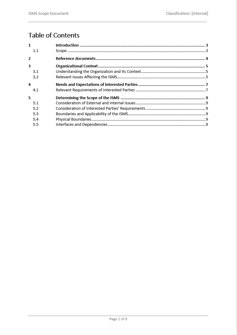 Isms Scope Document Template Table Of Contents Cyberzoni