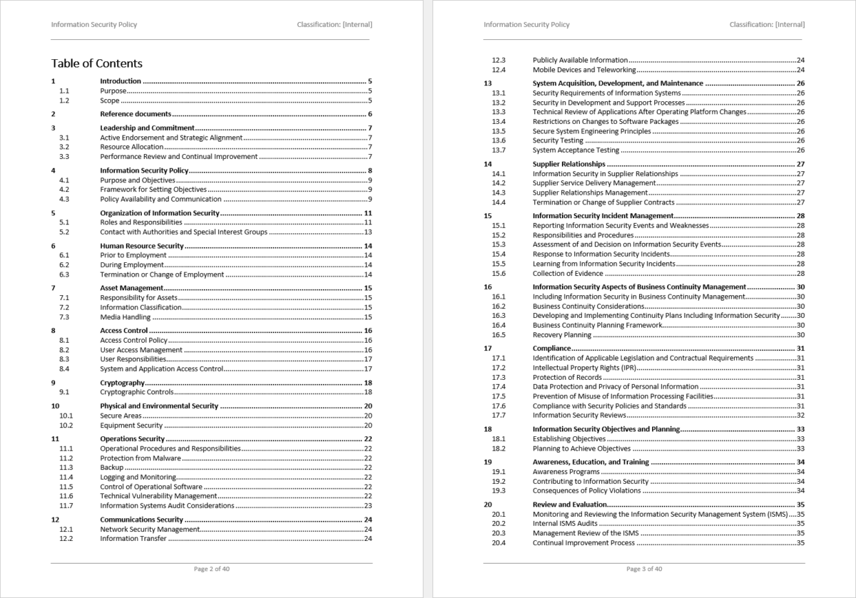 Information Security Policy Table Of Contents Template