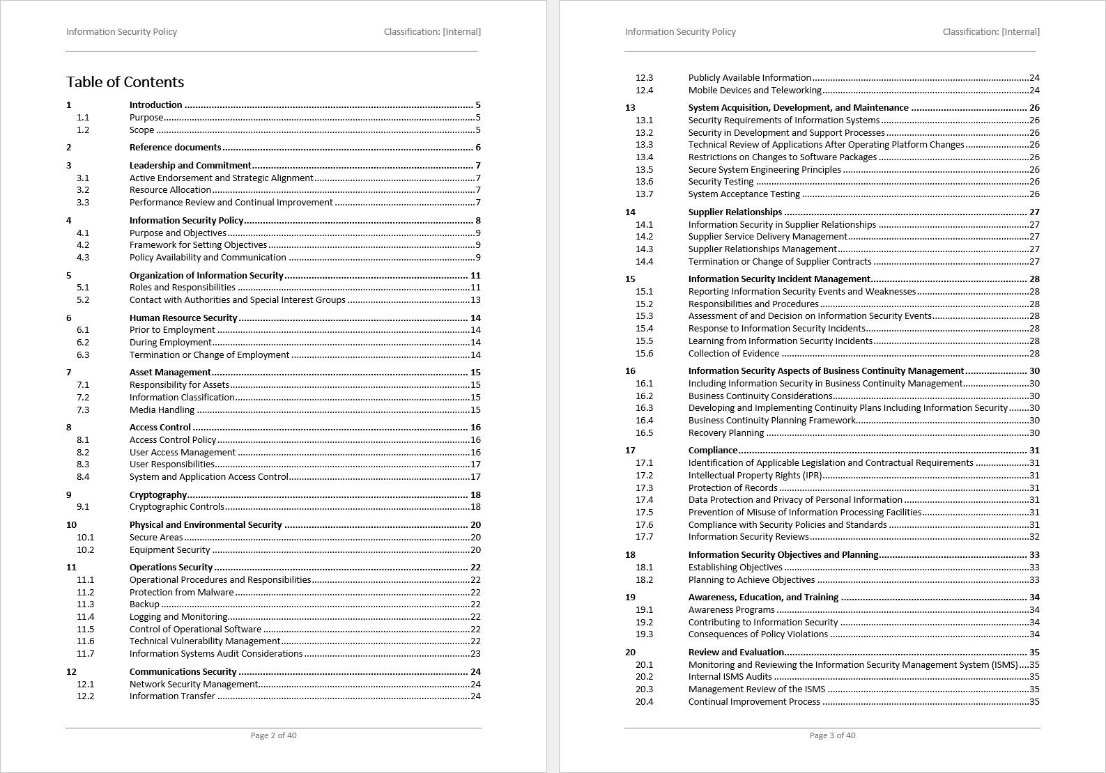 information security policy table of contents template