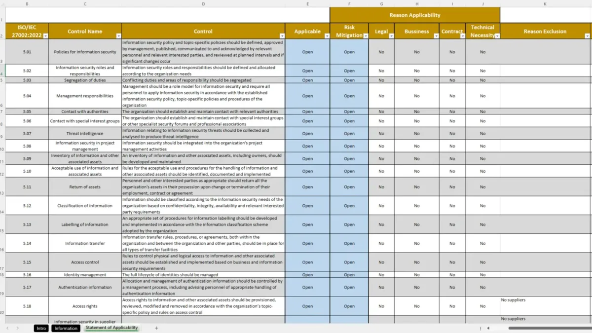 Sample Of Soa Included In Iso 27001 Core Documents Bundle