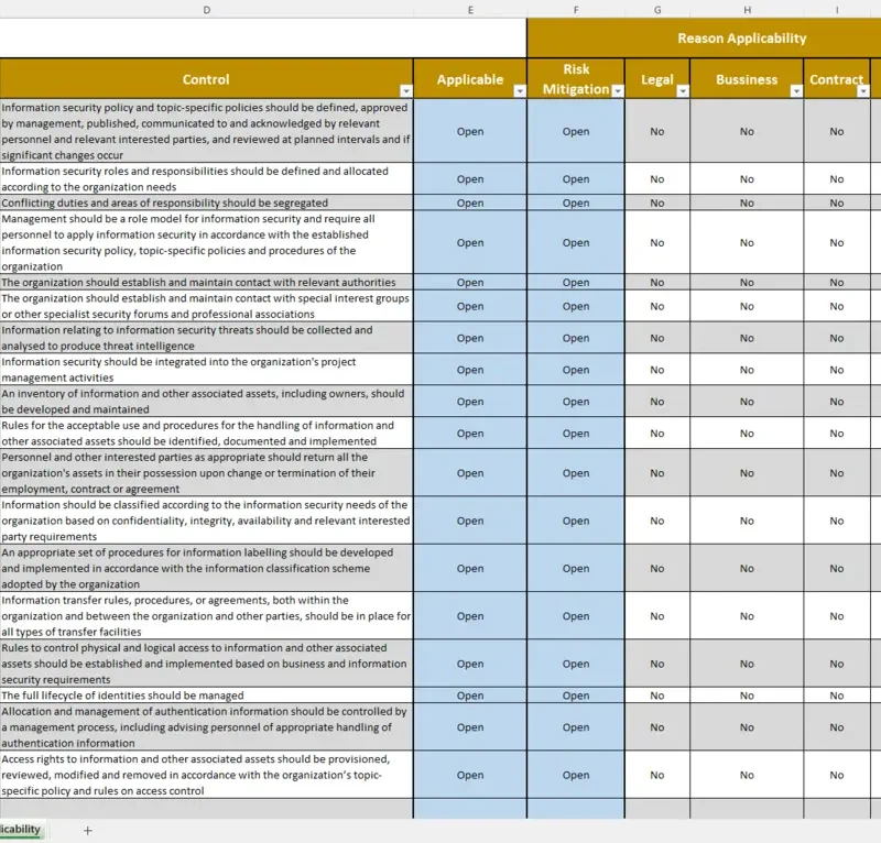 Sample of SoA included in ISO 27001 Core Documents Bundle
