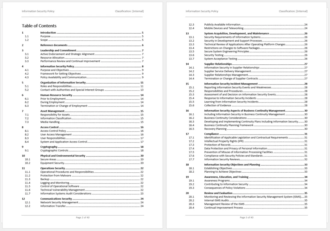 Preview Page Of The Iso 27001 Information Security Policy Template Word Of The Table Of Contents.