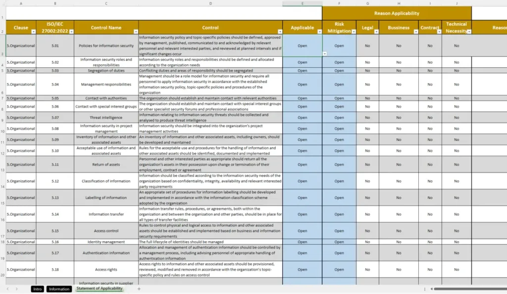 Preview Of The Iso 27001 Statement Of Applicability Template.