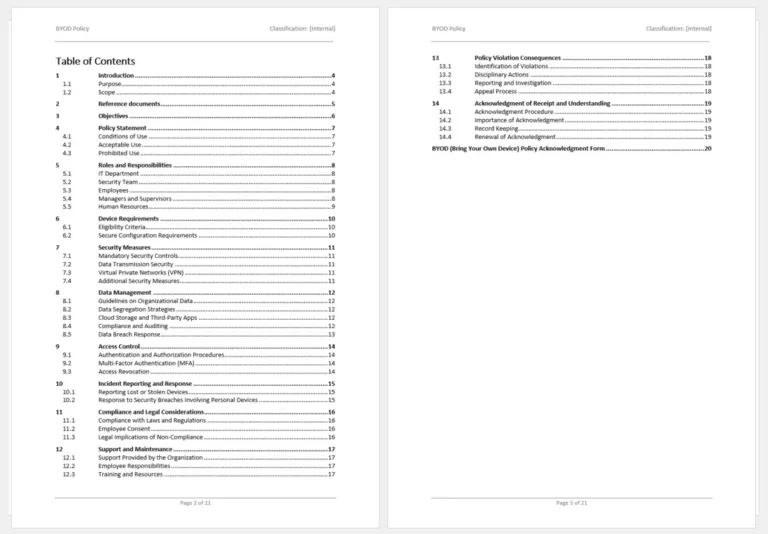 Table Of Contents Preview Of The Bring Your Own Device Template.