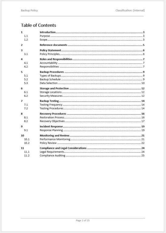 Table Of Contents Of The Iso 27001 Backup Retention Policy